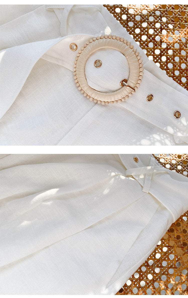 Cotton And Linen Embroidered Belt Shorts