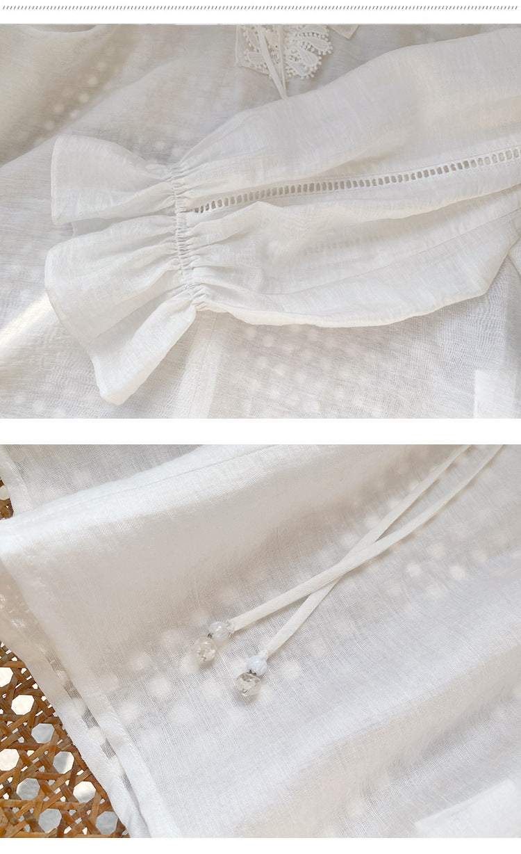 V-Neck Lace-Trimmed Puff-Sleeve Blouse