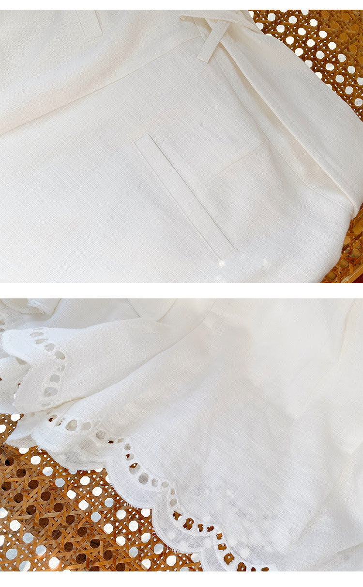 Cotton And Linen Embroidered Belt Shorts