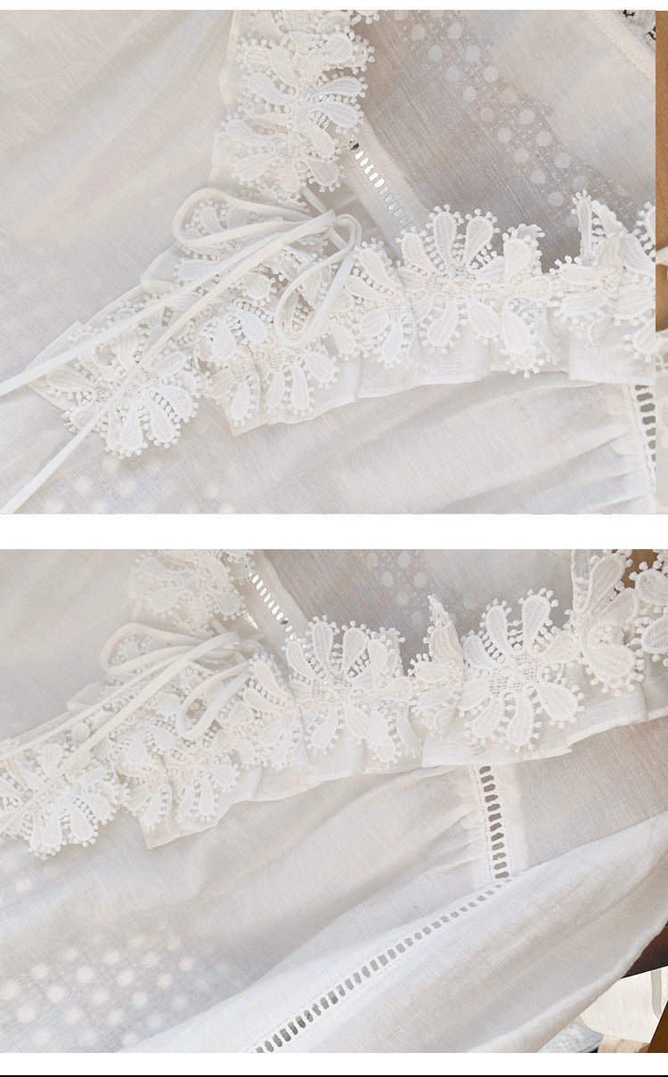 V-Neck Lace-Trimmed Puff-Sleeve Blouse